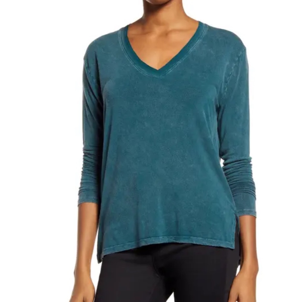 Treasure & Bond Teal Green Long Sleeve Tshirt Tee V Neck Mineral Wash Top Small